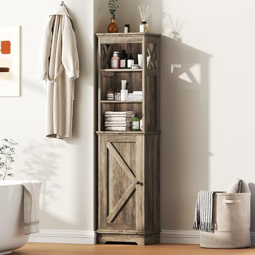 Viroformo Narrow Bathroom Storage Cabinet with Door and Open Adjustable Shelves, 60.9 H Wooden Tall Tower Corner Farmhouse Cabinet, Freestanding Organizer for Kitchen, Entryway Grey