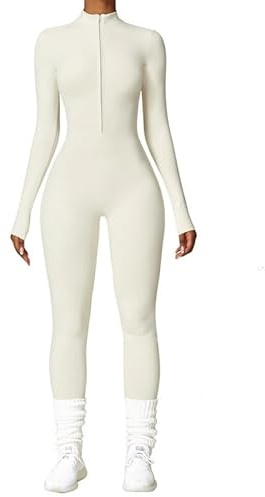 Vmhkjo Jumpsuit Damen Lang Eng Thermo Langarm Reißverschluss Overall Einteiler Yoga Bodycon Bodysuit Slim Fit Warm Gefütterte Ganzkörperanzug,Beige,M