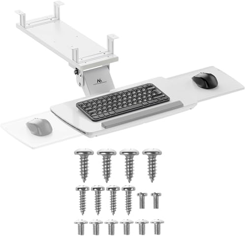 Maclean Tangentbordshylla, underbord med musstöd, justerbar höjd, vridbar, ergonomiskt fäste för skrivbord upp till 5 kg, tangentbordshållare av stål och plast (vit)