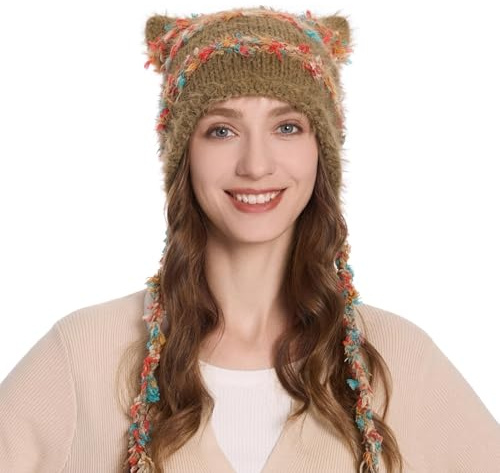 ZLYC Damen Katzenohr Slouchy Strickmütze Grunge Niedlich Wintermütze