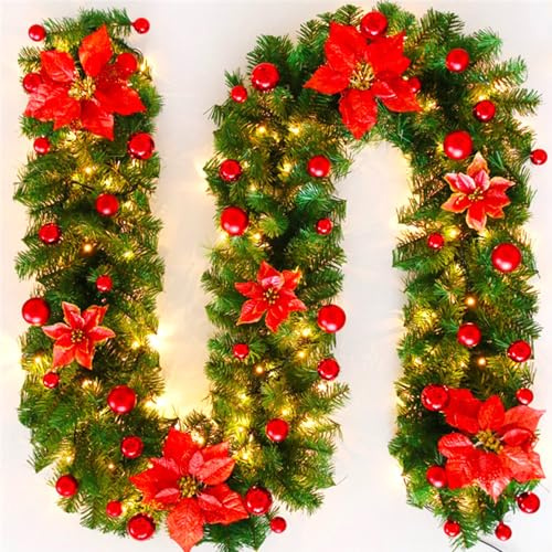 Kaleora Weihnachtsgirlande mit LED-Beleuchtung, 1,5m Girlande Weihnachten mit Rote Weihnachtssterne und Kugeln, Künstlicher weihnachtsgirlande für Haustür, Fenster, Kamin, Weihnachtsdekoration