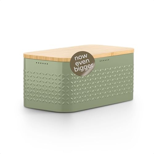 LARS NYSØM Bread Box I Metal bread box for long lasting freshness I Baked goods Bin with bamboo lid usable as cutting board I 13.6x7.3x6.2in (Sage Green)