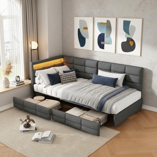 RXMORI Einzelbett Tagesbett 90×200cm Polsterbett Schlafcouch, Jugendbett Daybett, Stauraumbett Schlafsofa mit 2 Schubladen, Kinderbett Sofabett Bettgestell mit Lattenrost，Leinen (Gray A, 90x200cm)