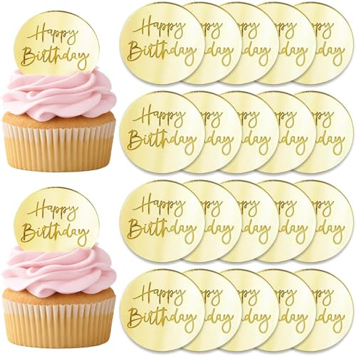 24 Pcs Round Happy Birthday Cake Toppers Disc 2inch/5cm, Gold Mirror Acrylic Cupcake Toppers – for DIY Birthday Party Anniversary Pastries Decorations