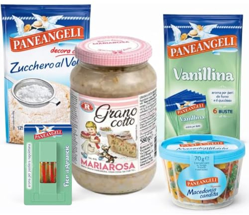 Kit Pastiera Napoletana: Zucchero a Velo 125G + Vanillina 6X0,5G + Aroma Fior d’Arancio 2X2ML+ Macedonia Candita 70g + Grano Cotto 580G Mariarosa Paneangeli- Dolci Pasquali (CON CANDITI)