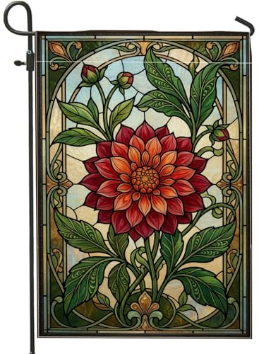 Dahlia Drapeau de jardin, feuilles botaniques bourgeons en toile de jute rouge printanière, double face, drapeaux extérieurs décoratifs pour extérieur, porche, pelouse, terrasse, 30,5 x 45,7 cm