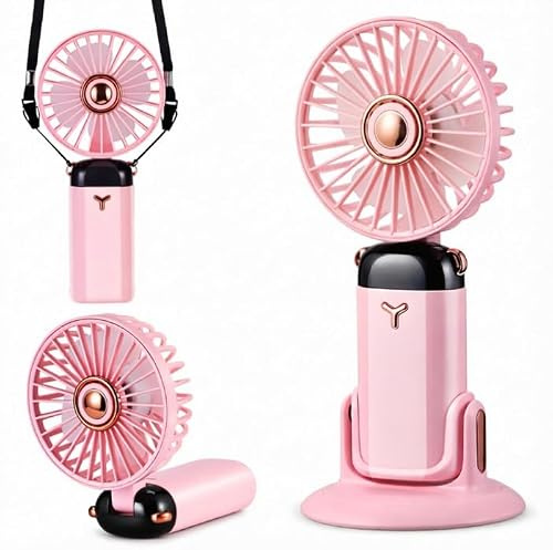 TranRantic Mini ventilatore Portatile, USB Ricaricabili, con 5 Velocità | 5 Velocità, Display LED, Pieghevole, con Cordino e Base, Per Casa e Ufficio