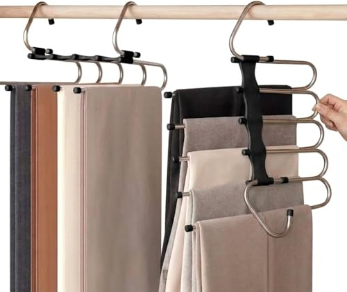 Grucce Pantaloni Salvaspazio 5 in 1 in Acciaio Inossidabile – Appendiabiti Antiscivolo per Armadio, Porta Pantaloni Pieghevole, Appendini Jeans e Vestiti, Organizer Armadio ad Alta Capienza (Nero)