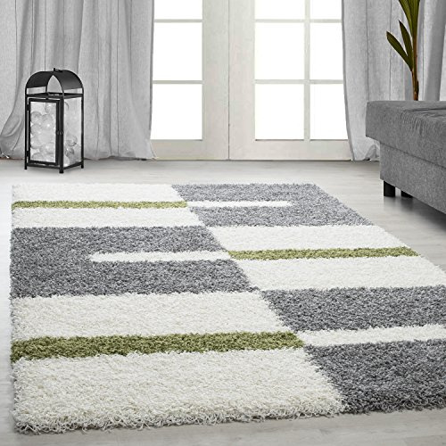 Carpetsale24 Hochflor Teppich 200 x 290 cm Grün-Grau – Weicher Shaggy Flokati im Karierten Design – Großer Wohnteppich für Wohnzimmer, Schlafzimmer oder Esszimmer – Pflegeleicht & modern