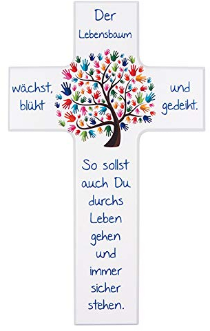 Fritz Cox Holz-Wandkreuz mit Lebensbaum-Motiv und bunten Kinderhänden als Blätter | Mit Spruch Der Lebensbaum wächst, blüht und gedeiht | Inklusive personalisierbarer Geschenkkarte | Weiß | 20cm