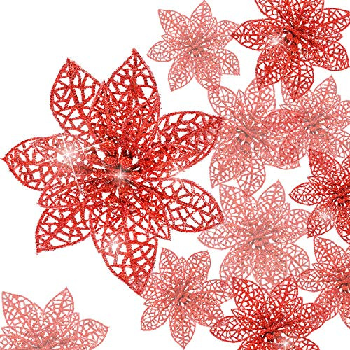 Boao Lot de 24 Poinsettias à Paillettes pour Sapin de Noël, 1,9 cm, Rouge