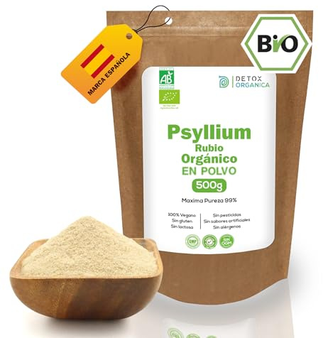 Detox Organica Psyllium en Polvo BIO 500g - Cascara de Psyllium Rubio en Polvo Orgánico - 99% Pureza - Fuente de Fibra, Saciante - Ideal para Añadir a Panes y Masas sin Gluten - Vegano, sin Lactosa