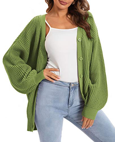 QUALFORT Women's Cardigan Sweaters for Women 100% Cotton Button-Down Long Sleeve Oversized Knit Outerwear Fall Clothes 2026 Light Green 3X-Large