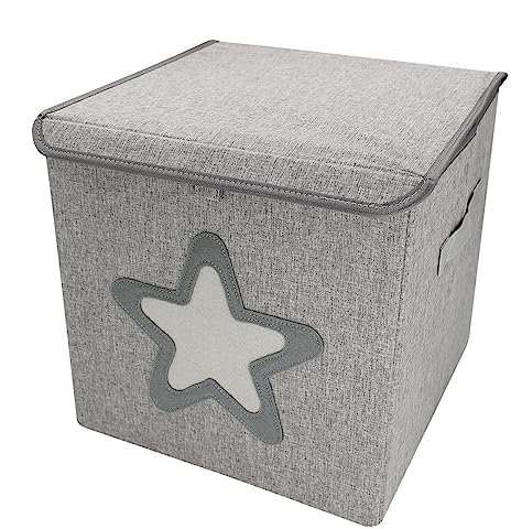 Monsieur Bébé - Boite de rangement, coffre à jouets pour enfant avec couvercle - 33 x 33 x 33 cm - Gris Étoile