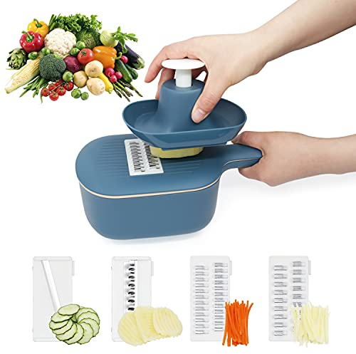 Affettaverdure con scolapiatti 4 in 1 in acciaio inox, regolabile, multifunzione, mandolino, affettatrice da cucina per cipolle, patate, frutta, con protezione per le dita, colore blu