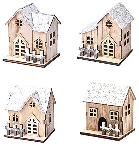 Kraeoke Deko-Weihnachtshaus 4pcs Weihnachten leuchtende Holzhaus, LED Weihnachtshaus Weihnachtsbeleuchtung DIY Holz Chalet Christbaumschmuck Weihnachtsdeko Kleines Holzhaus Holzfarbe
