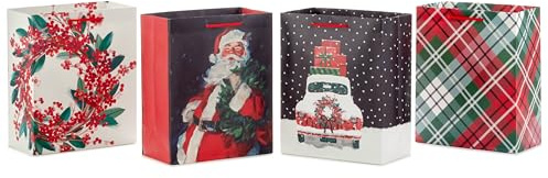 Hallmark 9 Medium Christmas Gift Bag Bundle (4 Bags: Traditional Santa, Holly Wreath, Snowy Red Car, Red and Green Plaid) for Friends, Coworkers, Teachers, Neighbors