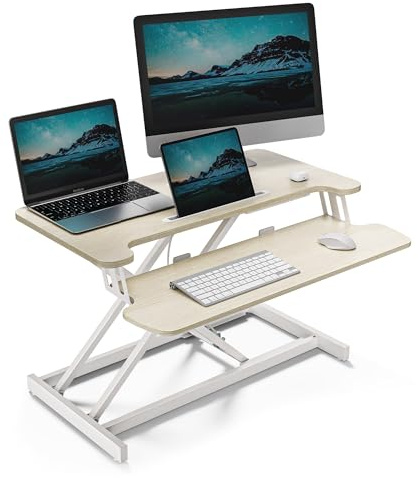 VonHaus Schreibtischaufsatz Höhenverstellbar, Hellholz 80 x 40 cm | Steh-Sitz-Arbeitsplatz für Dual-Monitor & Tabletfach, Stehpult-Konverter mit Zwei Ebenen, Mit Tastaturablage