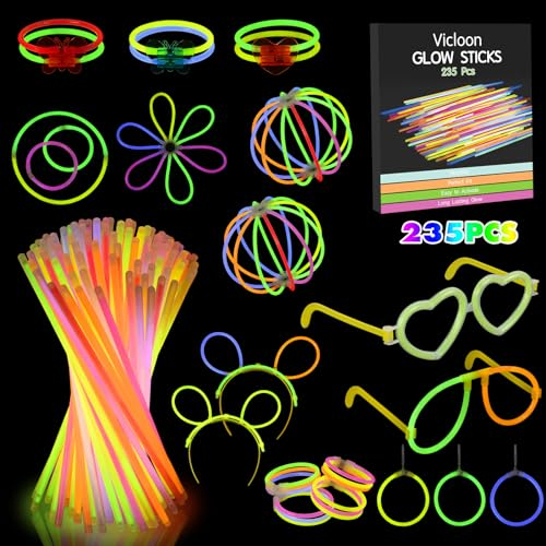 Vicloon Glow Sticks, 235 Pcs Glow Sticks Bulk Party Supplies, Premium Glow Neon Necklaces with Heart Shaped Glasses for Kids Party Supplies,Wedding,Festival,Halloween Decoration
