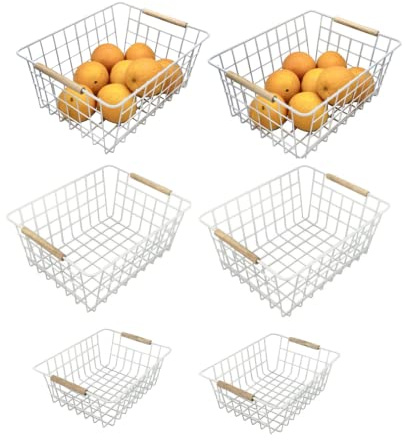 Evelots Wire Storage Baskets with Wood Handles-Pack of 6-Kitchen Cabinet, Pantry Shelf Organization, or Bathroom Metal Basket-Refrigerator/Freezer Organizer Bins-White
