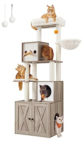 Feandrea Kratzbaum, Katzenbaum mit Katzenklo-Schrank, 180 cm hoch, Katzenkratzbaum, Kratzsäule, Plattform, waschbares Kissen, Greige PCT116G01