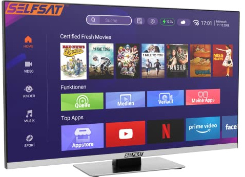 SELFSAT Smart TV LED 1260 (60 cm/24) senza cornice con sintonizzatore HD DVB-S2/C/T2 con Wi-Fi e Bluetooth