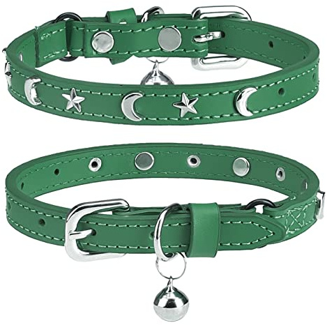 DILLYBUD Lederhalsband für Katzen mit Glöckchen und Sicherheits-Elastikeinsatz – Personalisierbar mit Stern- und Mond-Studs, verstellbare Sicherheitsverschluss-Halsbänder für kleine und große Katzen
