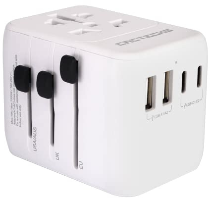 CACTECHS All-in-One International Plug Adapter Universal Travel Adapter with Surge Protector and PD 35W Dual USB 3 Type C Ports Outlet Extender for USA AU EU UK