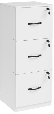 VASAGLE Cassettiera da Ufficio, Mobile con Ruote per Documenti, Supporto Stampante, 3 Cassetti con Serratura, Barre Sospese Regolabili, per A4 e Lettera, Bianco Nuvola OFC055W14