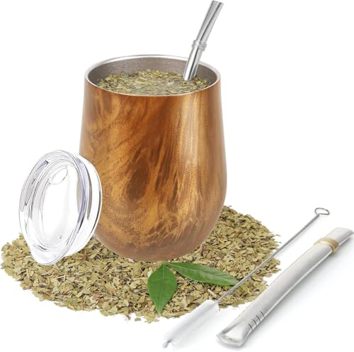 Yitobici dubbelväggig, värmebeständig mate-tekopp i rostfritt stål med BPA-fritt lock, två sugrör och rengöringsborste (färg på träådran)