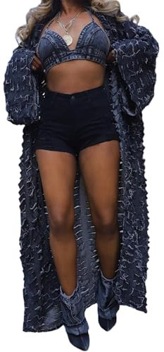 NRTHYE Cardigan da donna strappato oversize in jeans kimono cardigan a maniche lunghe aperto davanti lungo denim spolverino cappotto, nero, taglia unica