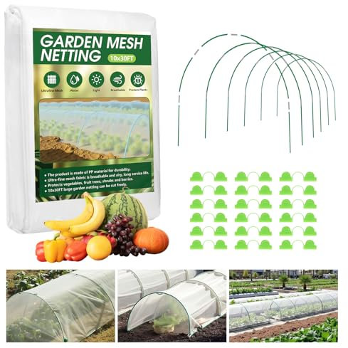 Garden Netting Kit for Raised Beds, 10x30FT Ultra Fine Mesh Netting＆ 6 Sets of 8FT Fiberglass Garden Hoops, Row Cover Insect Netting for Vegetable Plant Fruit Flowers Protection