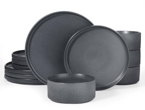 Richmount Star 12-teiliges teller set, Geschirrset 4 personen, Steingut Geschirr Set, Anti-Kratzer Tafelservice, Mikrowellen & Spülmaschinenfest, Matt Schwarz