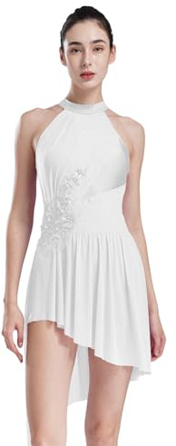 Freebily Femme Robe Danse Moderne Lyrique Salsa À Fleurs Patineuse Robes Patinage Artistique Compétition Mousseline De Soie Jupe Blanc XL