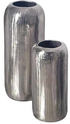 FineBuy Vase 2er Set Aluminium Silber Zylinder, Blumenvase | Dekovasen rund, Tischvasen handgefertigt, Wohndeko für Wohnzimmer, Sideboard und Esstisch, Tischdeko