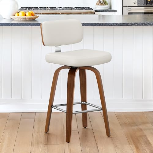 LUE BONA 360°Drehbarer Barhocker mit Lehne,67 cm Hoch Drehsessel–Barstuhl Holz mit 7cm Kunstleder Sitzfläche,Bar Hocker mit 4 Holzbeinen,Moderner Barstuhl für Küche,Theke,Weiß