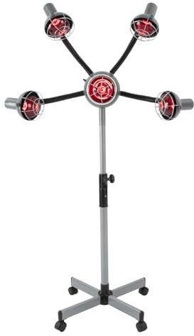 Lámpara calefactora infrarroja de 5 cabezas 750w con ruedas infrarrojas calor lámpara salón calentador de pelo altura ajustable para cuidado capilar (gris plateado)