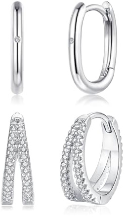 Estrellique Creolen Silber 925 für Damen, 925 Sterling Silber Ohrringe Creolen mit Cubic Zirkonia, Hypoallergen Kleine Schlafen Knorpel Huggie Ohrringe, 2 Paare Kreolen Ohrschmuck Set mit Geschenkbox
