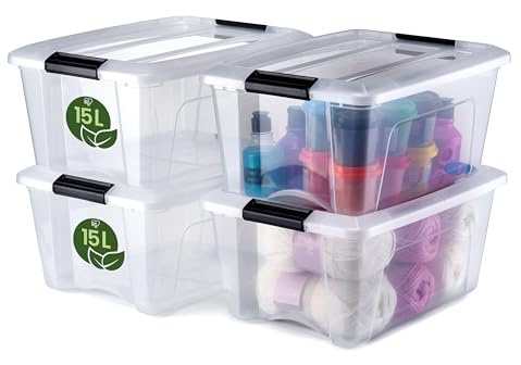 Iris Ohyama, Scatola portaoggetti in plastica con coperchio, 15 l, confezione da 4, trasparente, 98% in plastica riciclata, clip di chiusura, maniglia, impilabile, per camera, spogliatoio, ufficio