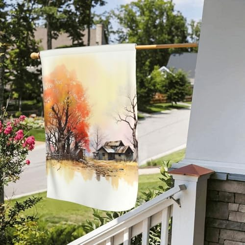 Bandiera stagionale da giardino bifacciale 28 x 40 pollici, piccole bandiere da cortile con vecchie case e alberi, per esterni, bandiera stagionale da fattoria floreale, decorazione per esterni, ban