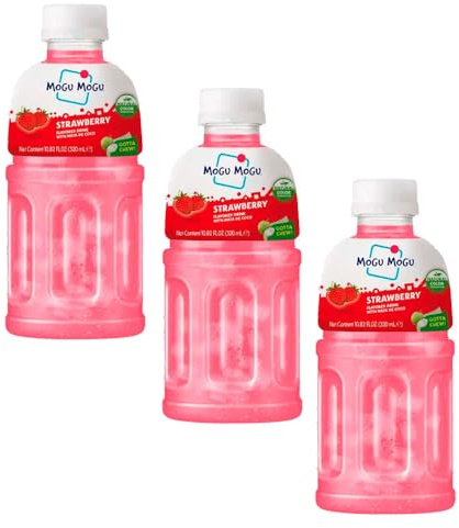 Bebida asiática Mogu Mogu sabor fresa con jelly de nata de coco 320 ml Pack 3 botellas refresco con trocitos masticables, lista para tomar