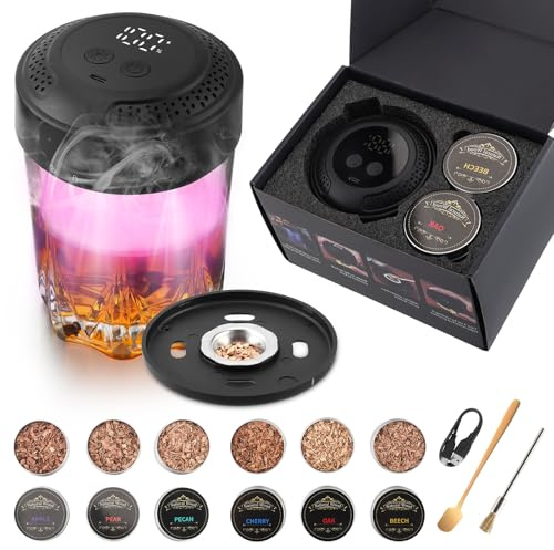 Elektrischer Whisky Smoker Set, Cocktail Smoker Kit mit 6 Holzchips, USB-C Wiederaufladbar, Whiskey Räucher Set, Flammenfreies Drink Smoking Geschenk für Vater, Ehemann