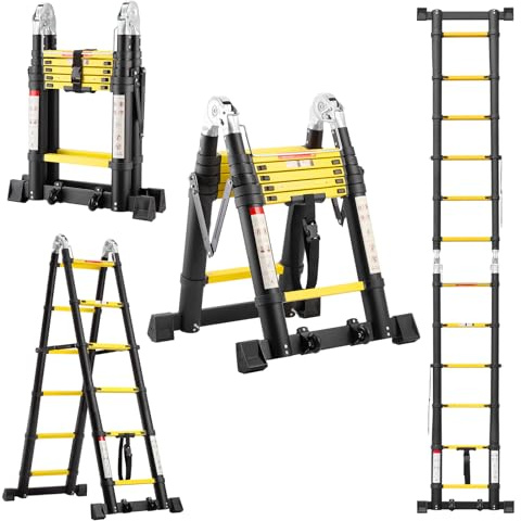TEENO 3.8 M (1.9+1.9) Escalera Telescópica de Aluminio, Escalera Multipropósito Antideslizante Escaleras Telescópicas Portátiles con 2 Polea Doble y Barra Estabilizadora, Carga Máxima 150 kg, Negro