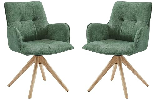 Zouron Stühle Esszimmer Drehbar 2er Set Grün - 2er Set Küchenstühle Polsterstuhl Armlehnstuhl Drehbar mit Armlehnen Rückenlehne Boucle Eichenholzbeine 120Kg Belastbar
