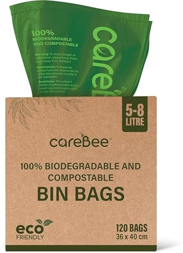 CareeBee Biodegradable Kitchen Bin Bags– 100% Compostable, Made from Corn Starch & PBAT– Eco-Friendly, Leak-proof, Tear-Resistant– Food Waste Bags for Home & Office (5-8L, 120 Bags)