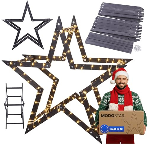 MODO24 DIY Stern MODOSTAR 3D Weihnachtsstern Set aus FSC Holz, Sternabmessungen: 114 cm, zum Aufstellen im Garten & Terrasse, wetterfest, faltbar & stabil, Weihnachtsdeko, Farbe: Schwarz imprägniert