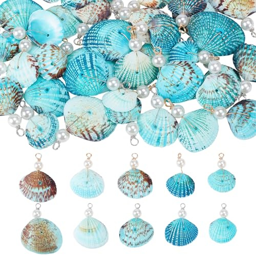 NBEADS 50 piezas 5 estilos 2 colores colgantes de concha, conchas teñidas con perlas falsas, colgante en forma de concha de playa oceánica con anillo para creación de joyas y manualidades