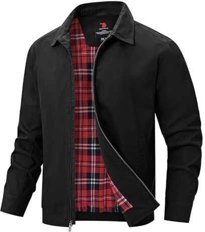 TBMPOY Men's Lightweight Spring Casual Jacket Cotton Full Zip Canvas Lapel Jackets Business Dress Windbreaker with 3 Pockets Black Red,L