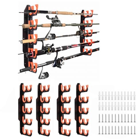 RANJIMA 2er Set Angelrutenhalter Wand mit Silikonpolstern, horizontales Rutenregal für Garage Decken- und Wandmontage passend für 10 Angelruten Ski- & Wanderstöcke inkl. Schrauben