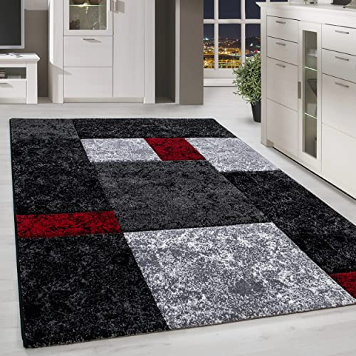 HomebyHome Teppich 160x230 cm Kurzflor Konturenschnitt in Schwarz Grau Rot Kariertes Design, Waschbar, Pflegeleicht, Extra Weich Für Wohnzimmer, Esszimmer, Schlafzimmer